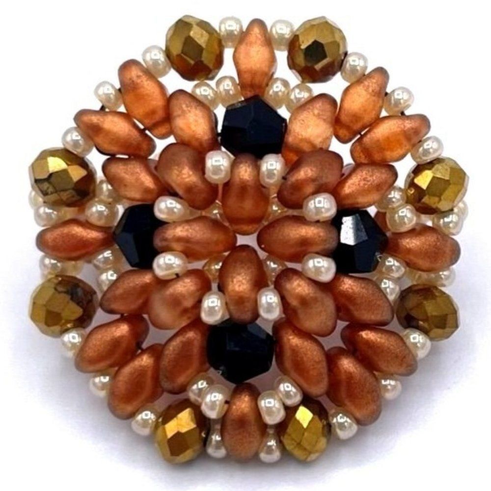 Yellow Gold with Brown and Black Crystal Beaded Statement Ring Size 5.5